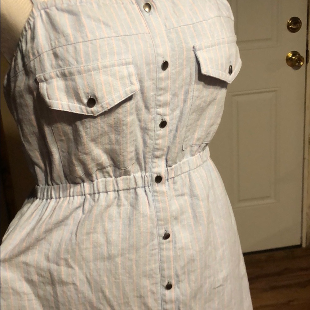 Blue Pink Pinstripe Button Down Mini Dress Elastic Waist Sun Dress Womens - Picture 4 of 4